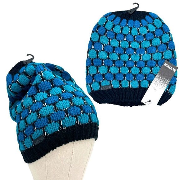 NWT KENSIE Knit Beanie & Infinity Scarf Set 2PCs Blue Turquoise Geometric - Picture 4 of 16